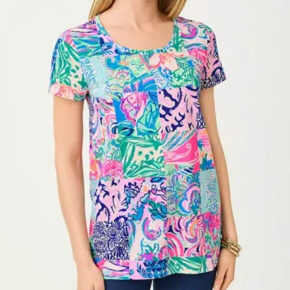 Lilly Pulitzer Etta Scoop-Neck Tee Top Multi Patch To Match - Picture 1 of 9